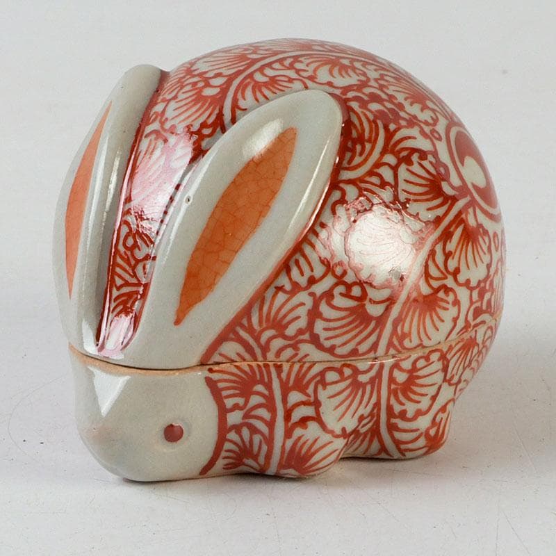 ニコニコ　茶道具　萬古焼　加賀瑞山造　赤絵卯香合　共箱　V　9753