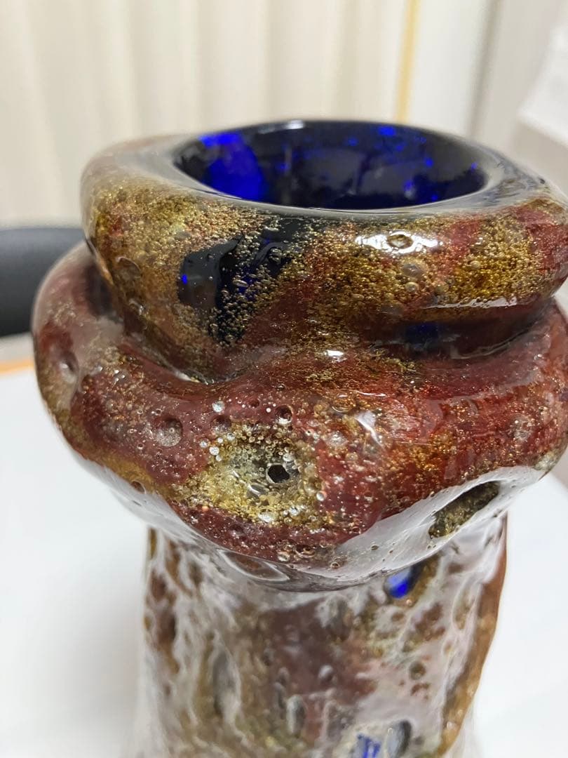 沖縄　琉球ガラス　【故】稲嶺盛吉作　花瓶　宙吹ガラス工房虹　現代の名工