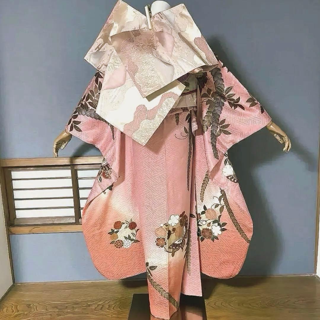 振袖フルセット　手描き友禅　桃色にグレーの古典柄は良家のお嬢様　成人式振袖　振袖