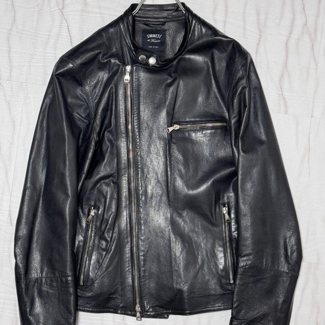 希少Lサイズ✨エンメティ ジョセフ ラムレザー シングルライダースジャケット 黒