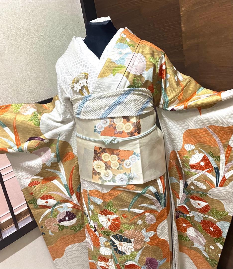 振袖フルセット6点M〜Ｌサイズ　正絹　鴛鴦花文　売り切り終了
