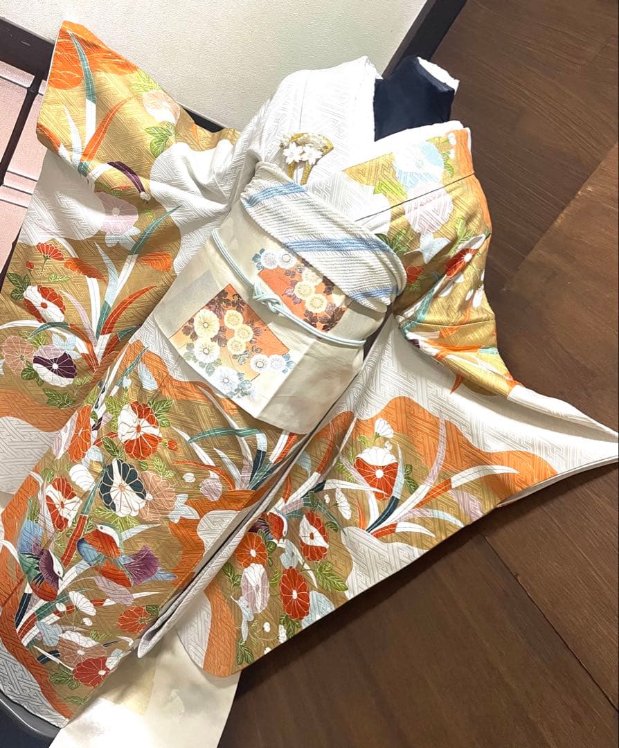 振袖フルセット6点M〜Ｌサイズ　正絹　鴛鴦花文　売り切り終了