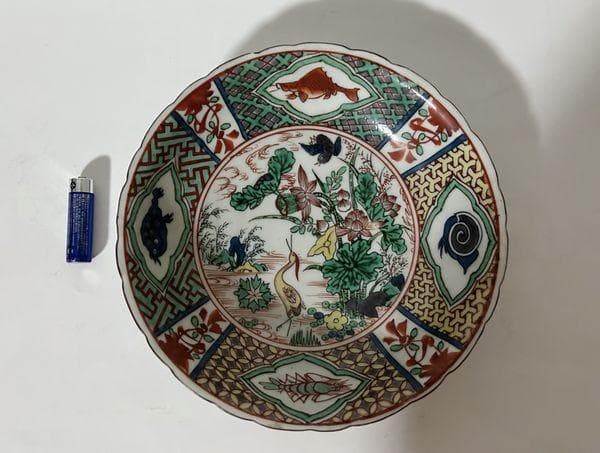大聖寺伊万里　五彩色絵花鳥図　深皿　径19,5cm