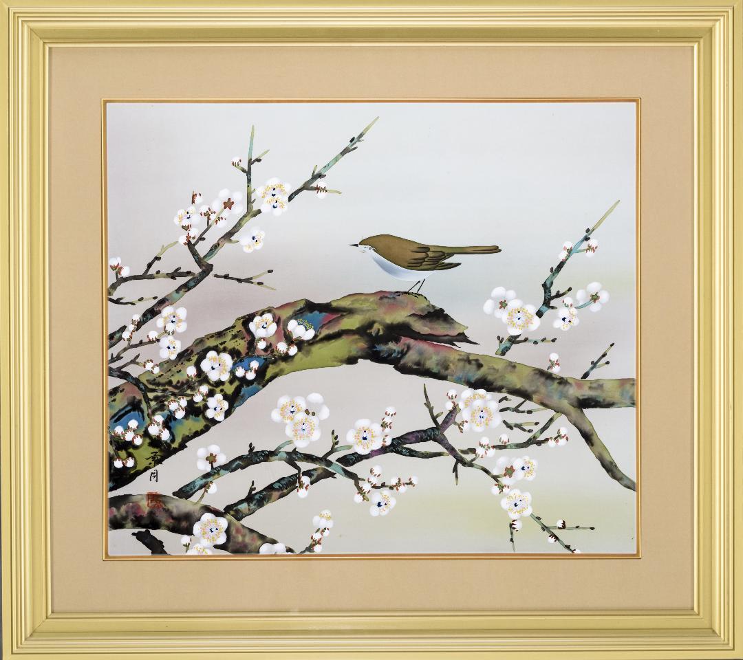 F10　肉筆水彩　日本画　梅とメジロ　高級木製額縁付属　外寸約713×638mm