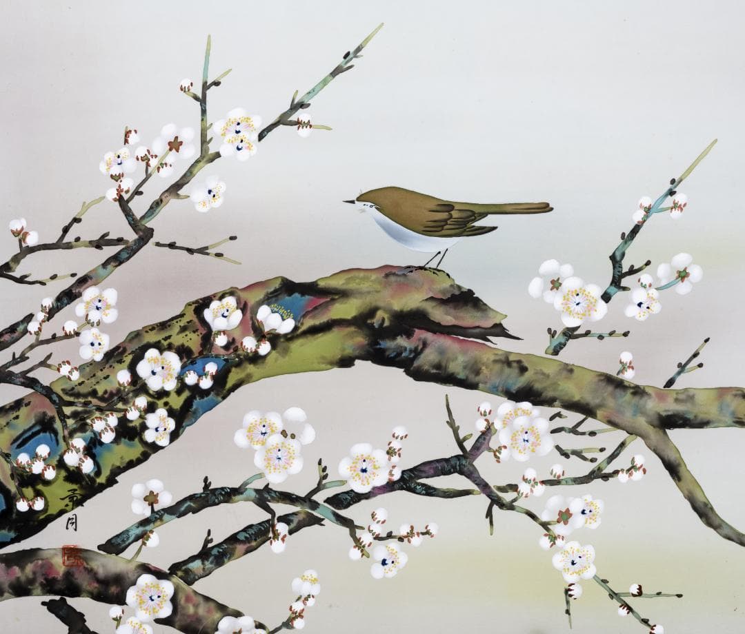 F10　肉筆水彩　日本画　梅とメジロ　高級木製額縁付属　外寸約713×638mm
