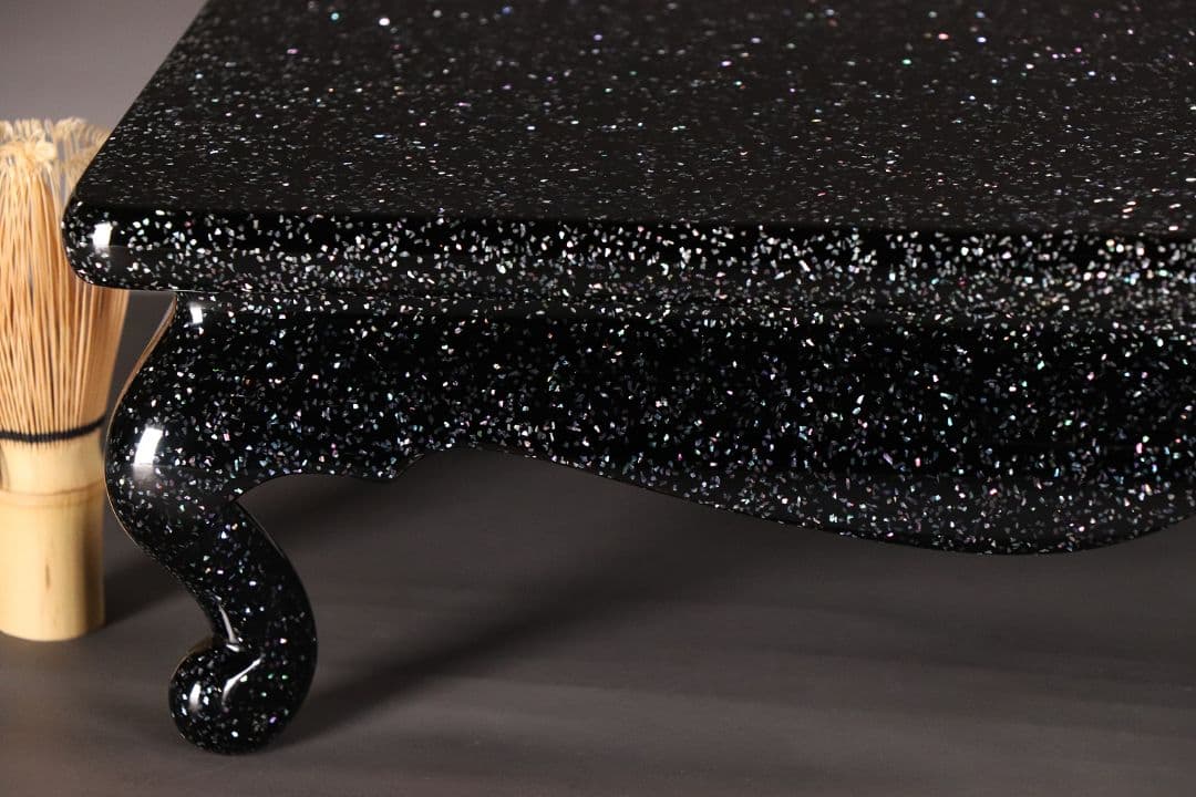 MA486 輪島塗 塗師 輪洲作 青貝 黒塗 花台 共箱 平卓 木製 螺鈿 輪州