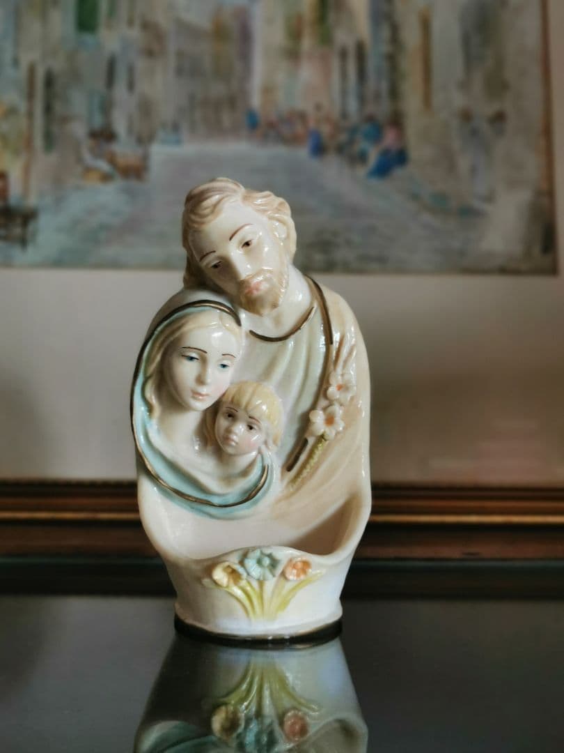 アンティークベルギー リヤドロ風 聖家族ポーセリン聖水入れ イエスマリアヨセフ