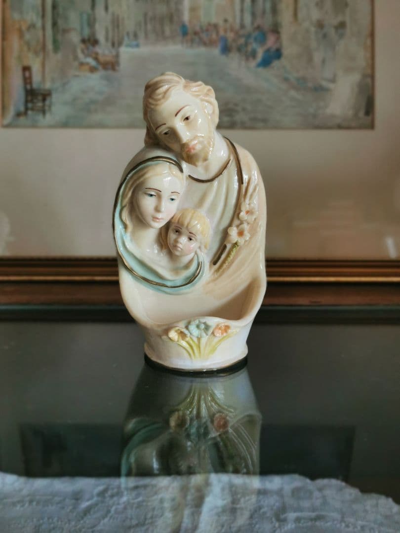 アンティークベルギー リヤドロ風 聖家族ポーセリン聖水入れ イエスマリアヨセフ
