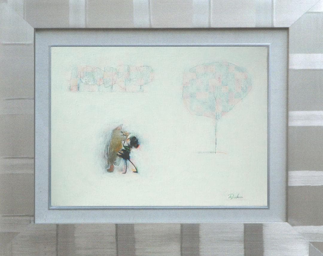 油絵 菅家令子 絵 絵画インテリア額付(銀) F4-090818 子猫子犬女の子