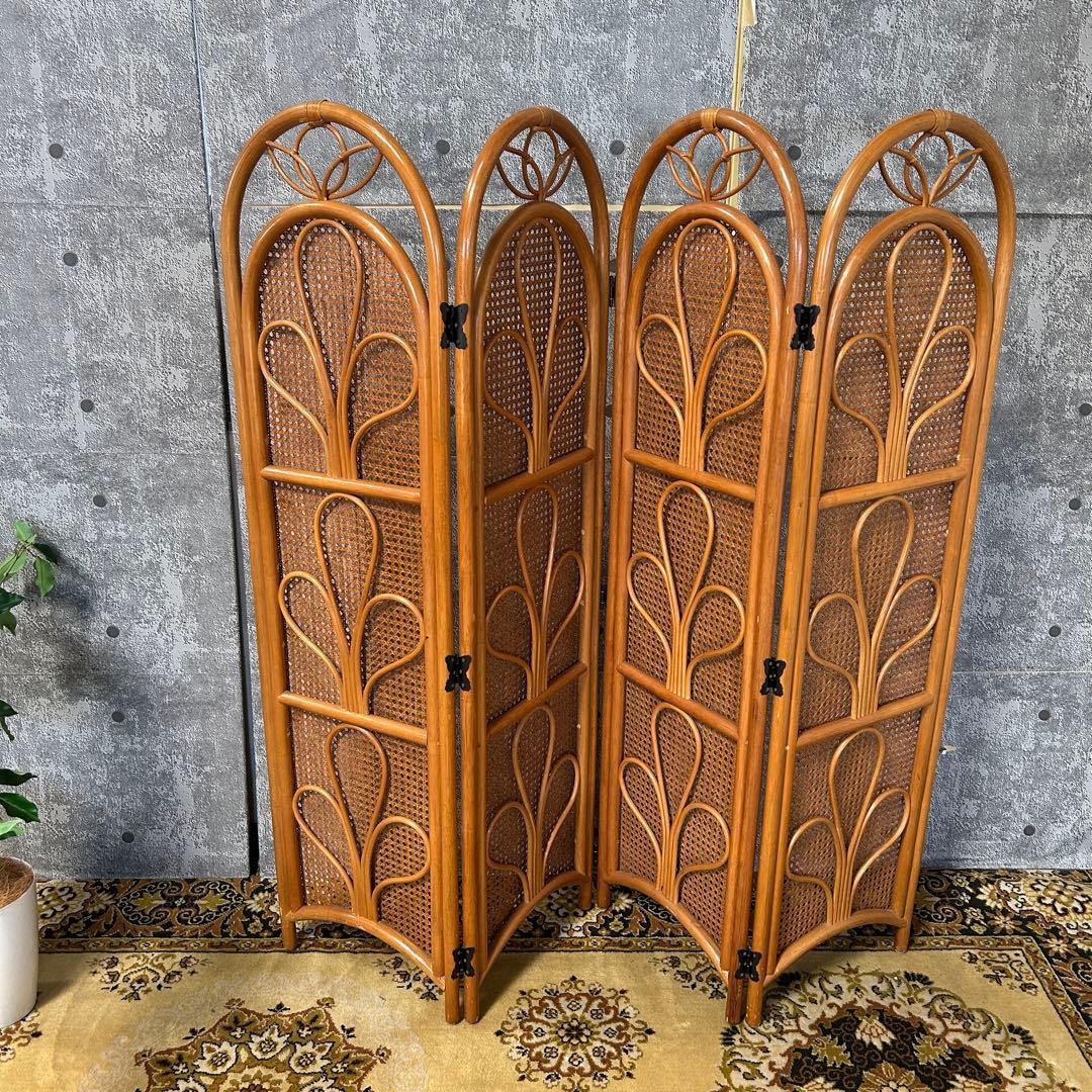 ꧁籐家具꧂ラタン4連パーテーション ブラインド 間仕切り 昭和レトロ
