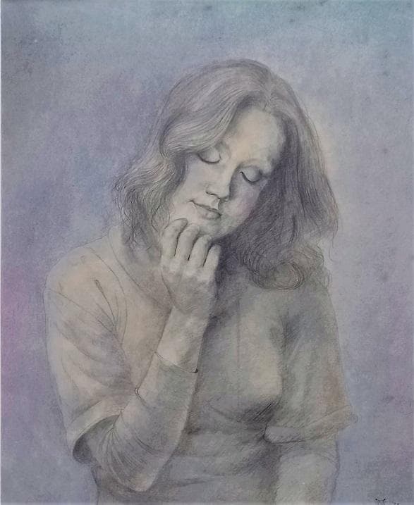 桜田晴義　タイトル「少女D」　デッサン画　表サイン　新品額装　黄袋、タトウ箱あり