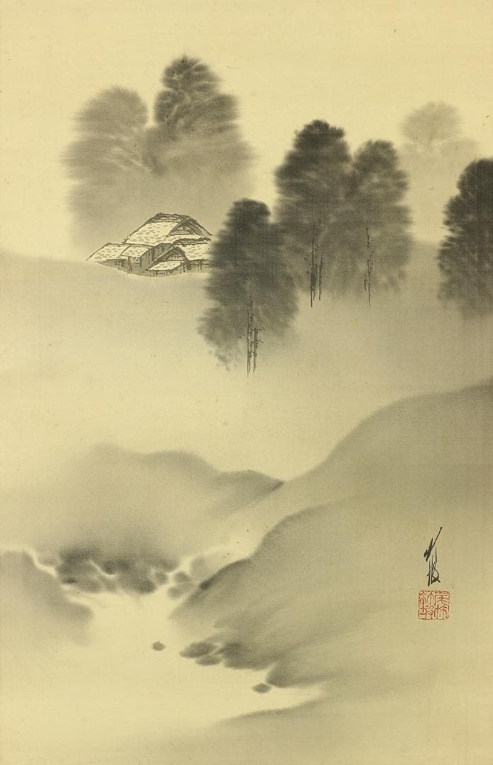 尾竹竹坡 明治11-昭和11 新潟 画家 浮世絵師 掛軸 肉筆 絹本 山水 合箱