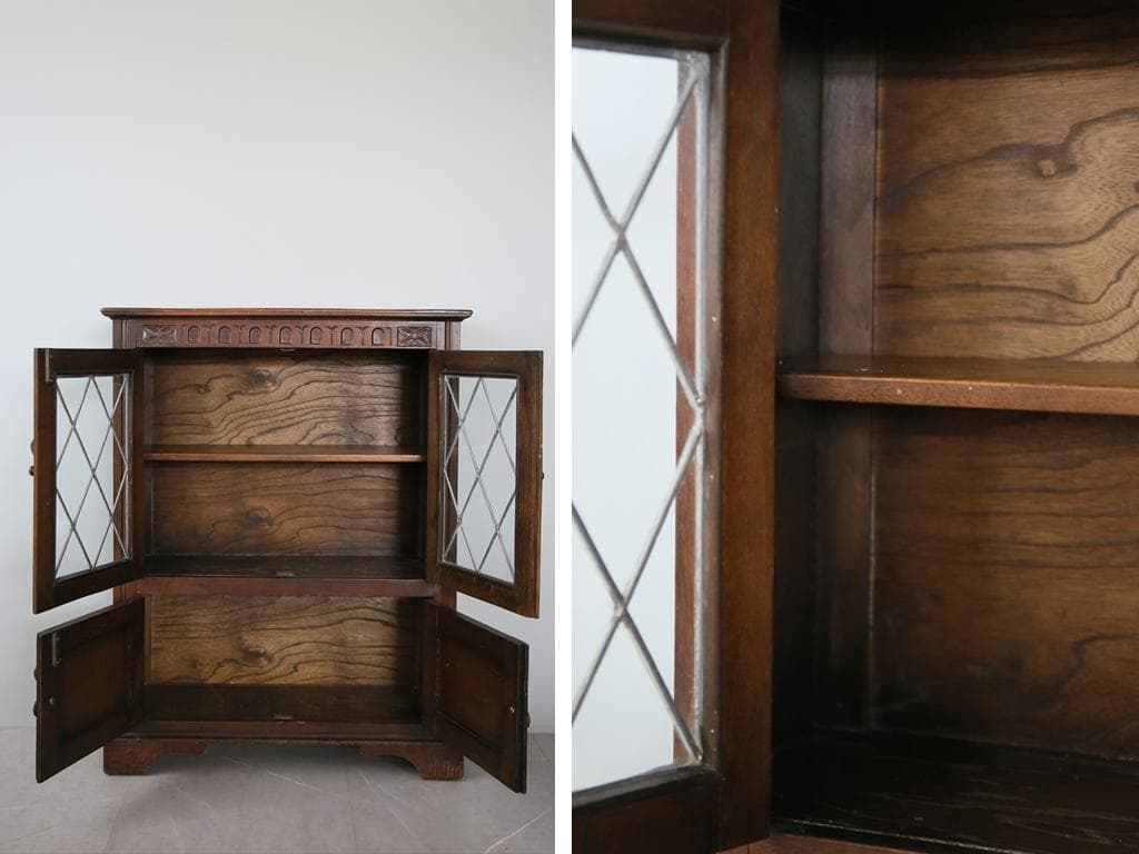 英国アンティーク木製ブックケースキャビネット/本棚/食器棚/飾り棚(91-163