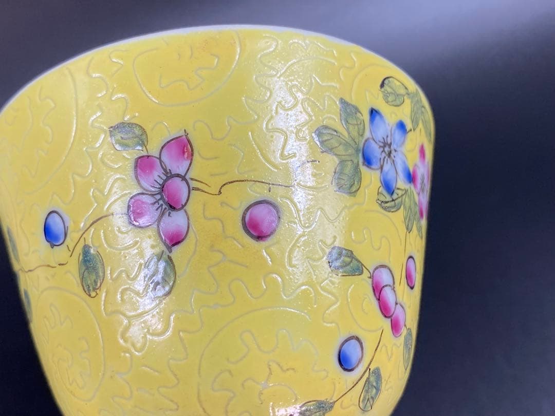 十錦手 煎茶碗 5客 粉彩 陰刻唐草花紋 中国古玩古美術骨董時代物 径7.8cm