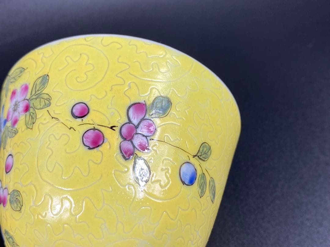 十錦手 煎茶碗 5客 粉彩 陰刻唐草花紋 中国古玩古美術骨董時代物 径7.8cm