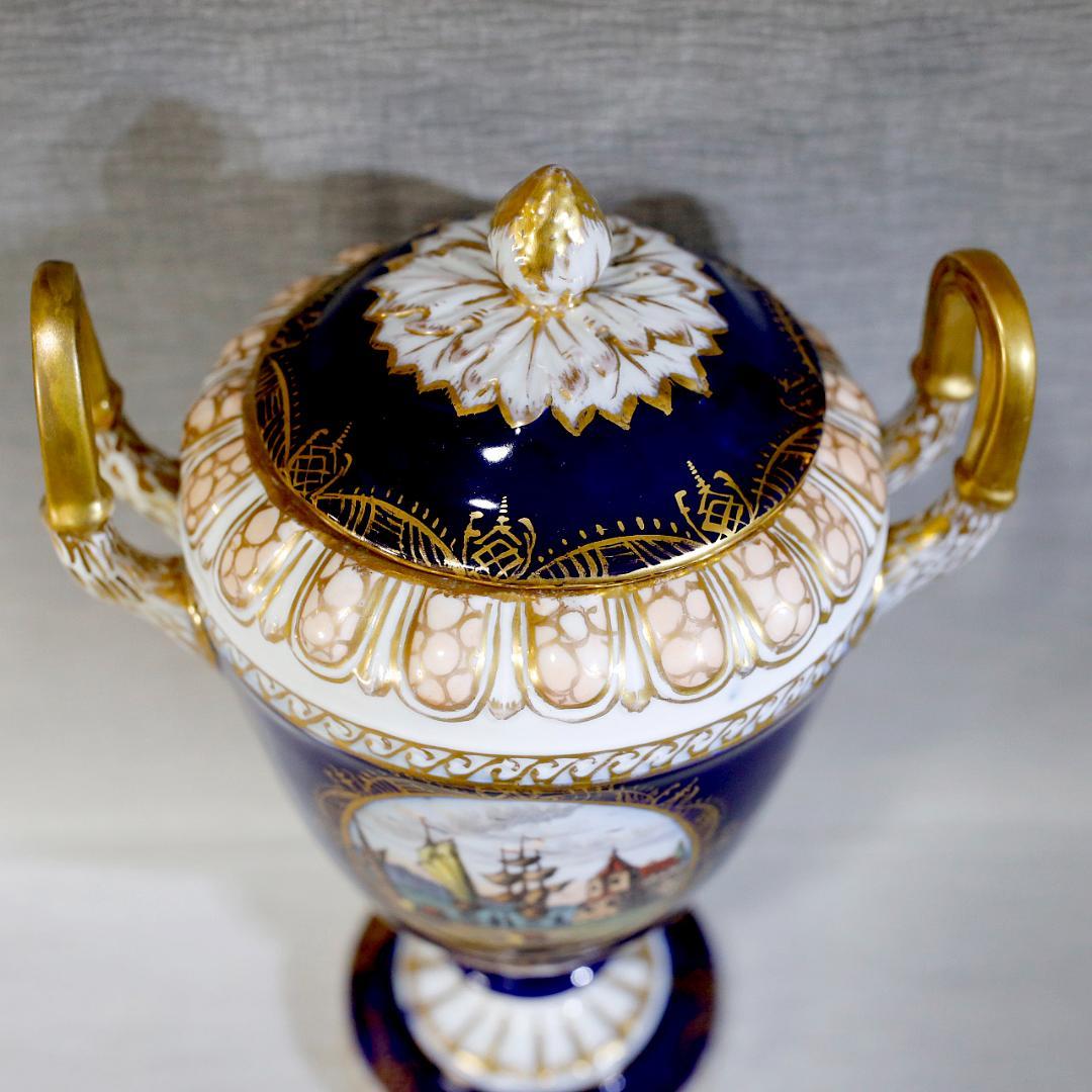 【送料込み】ドレスデン 帆船 壺 蓋付き 飾り壺 コバルト 金彩 ②