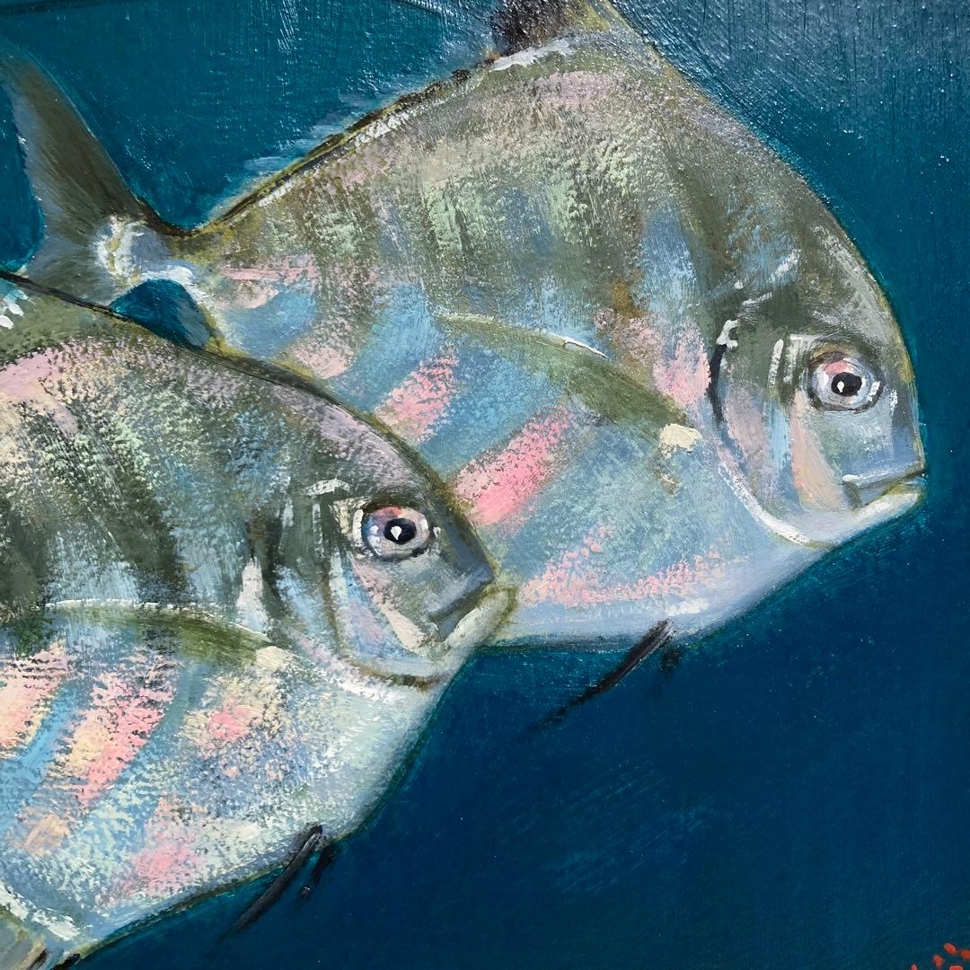 【真作保証】柴原皖「糸引鯵」油彩4号 直筆サイン 裏書き有り 絵画 シール有り