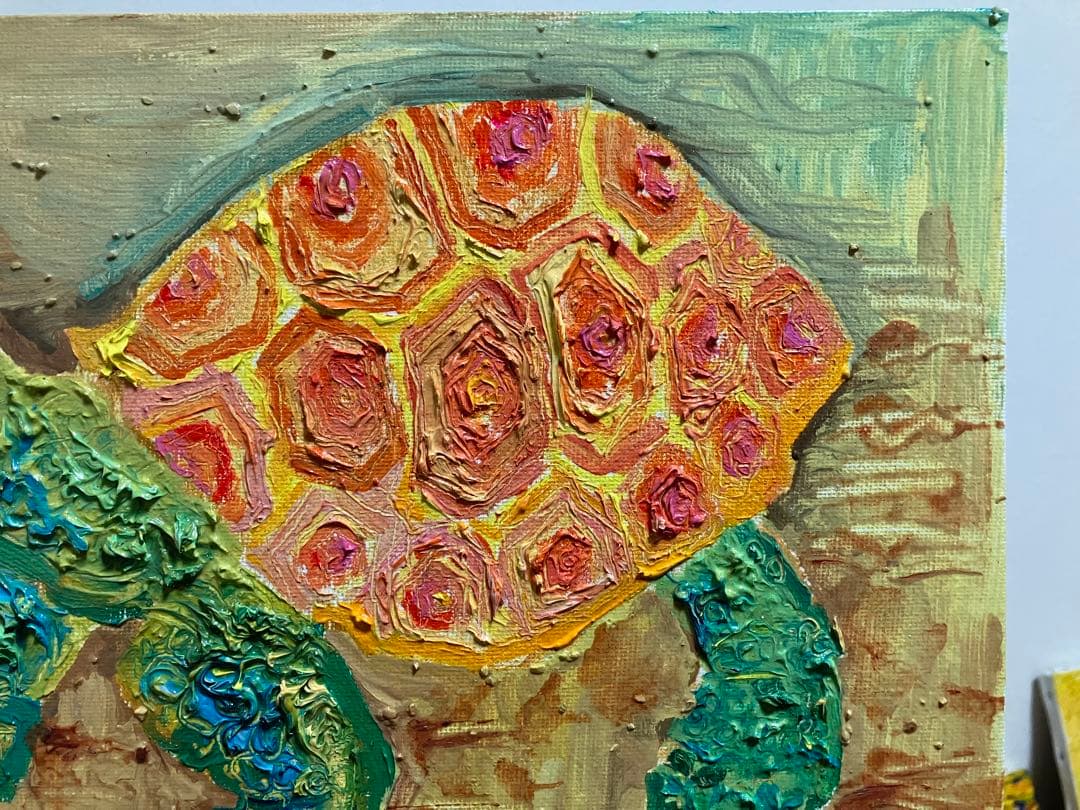亀　油絵　原画　絵　動物　インテリア　絵画　アート　かわいい　おしゃれ　カラフル