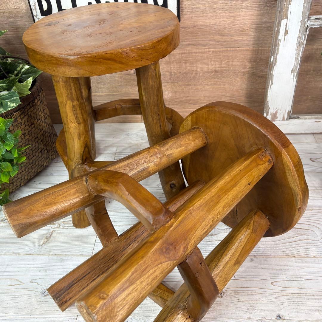 オールドチーク天然無垢極太丸木脚丸スツールM二脚セット木製天然無垢椅子花台チェア