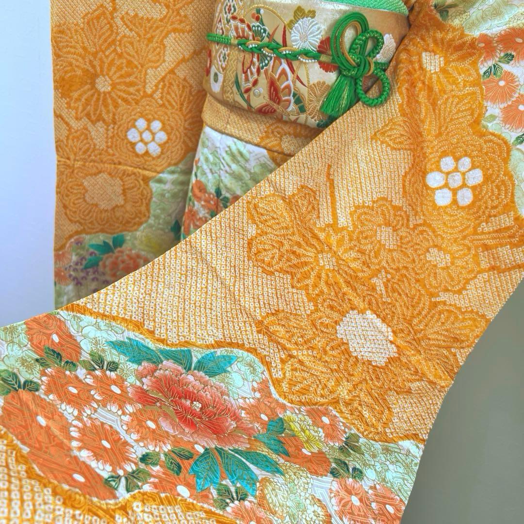 465 振袖フルセット 正絹 オレンジ 橙 金彩 絞り 駒刺繍 華やか ビビット