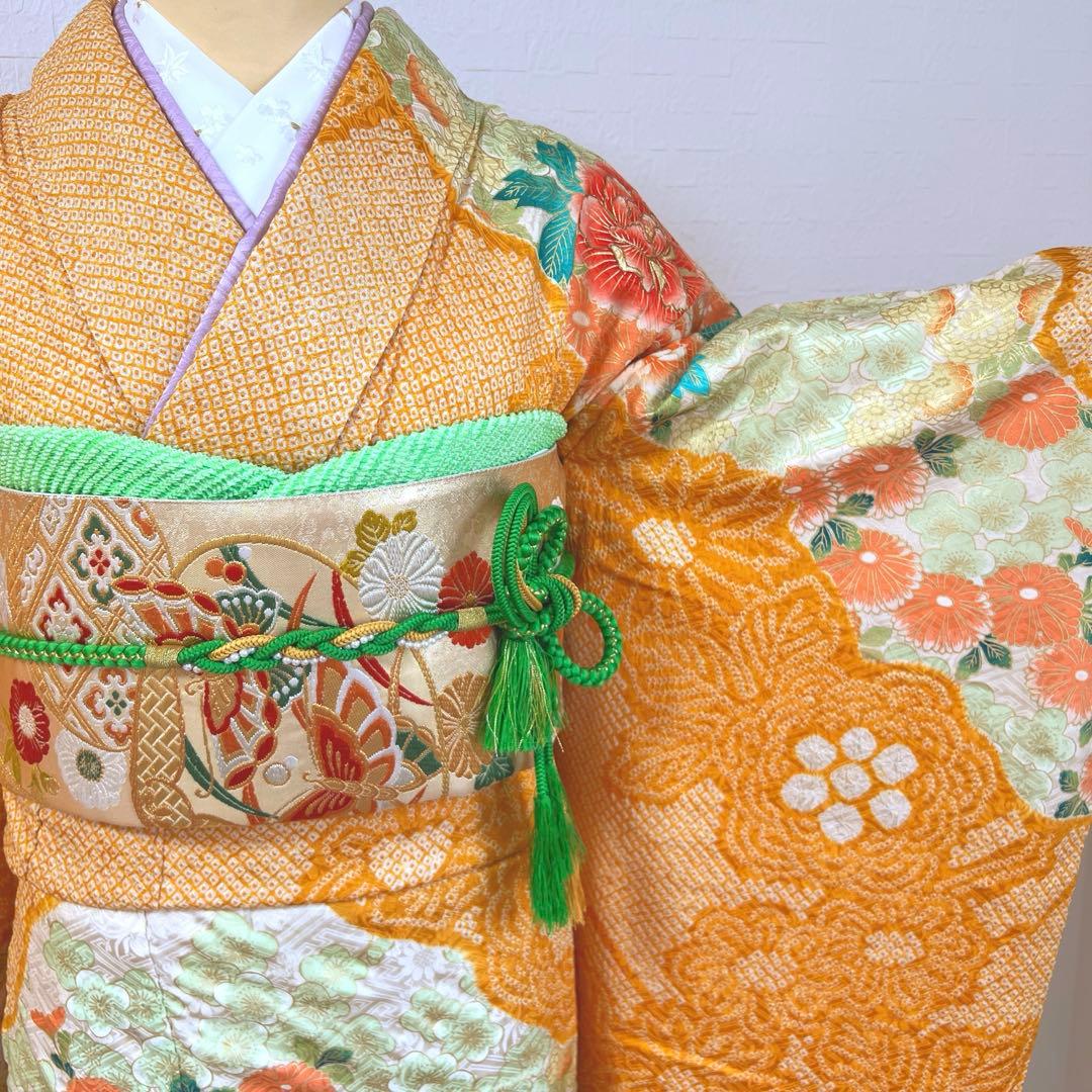 465 振袖フルセット 正絹 オレンジ 橙 金彩 絞り 駒刺繍 華やか ビビット