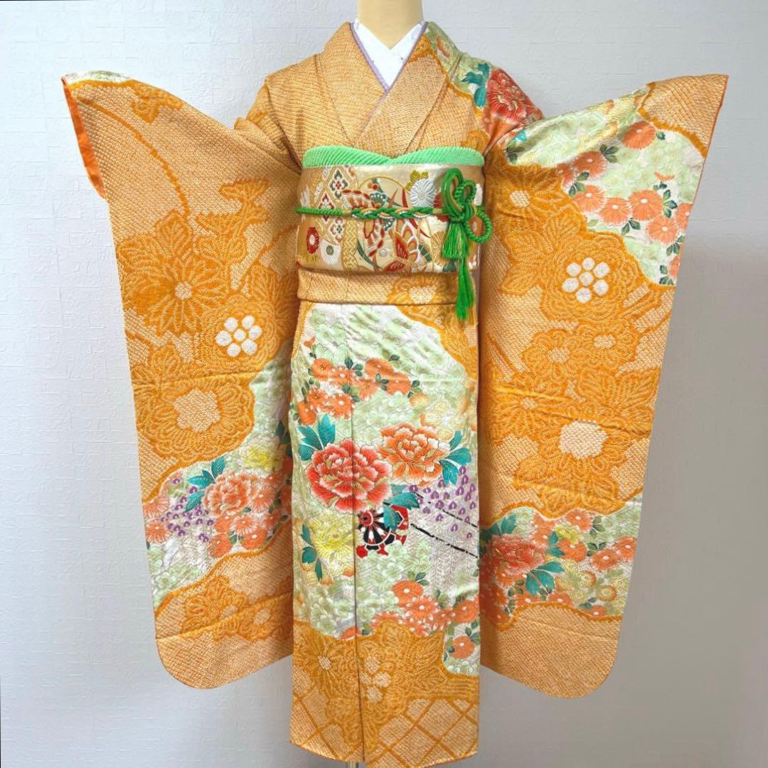 465 振袖フルセット 正絹 オレンジ 橙 金彩 絞り 駒刺繍 華やか ビビット