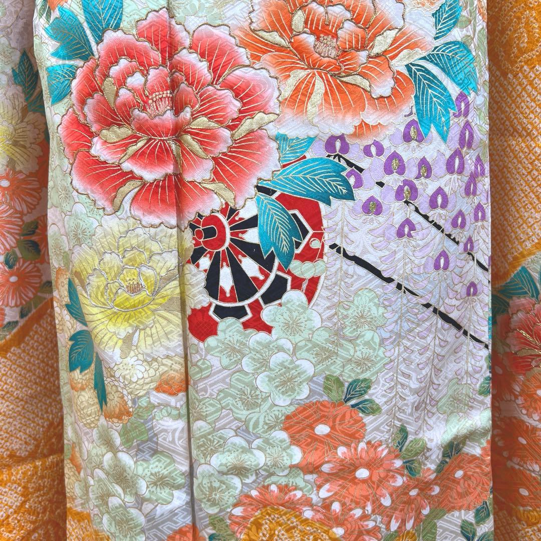 465 振袖フルセット 正絹 オレンジ 橙 金彩 絞り 駒刺繍 華やか ビビット