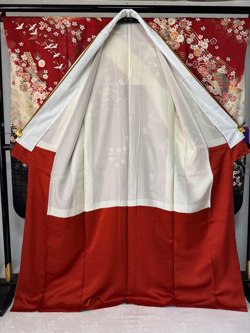 [極美品] 振袖　正絹　桜　鶴　紅　白　黒　高身長　成人式　結婚式　礼装