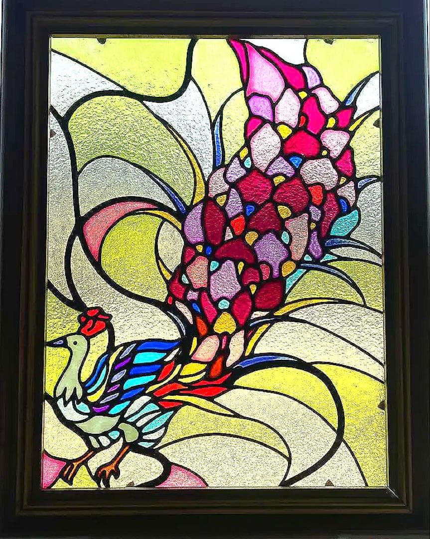 ステンドグラス 孔雀と花のデザイン 約30cm x 40cm