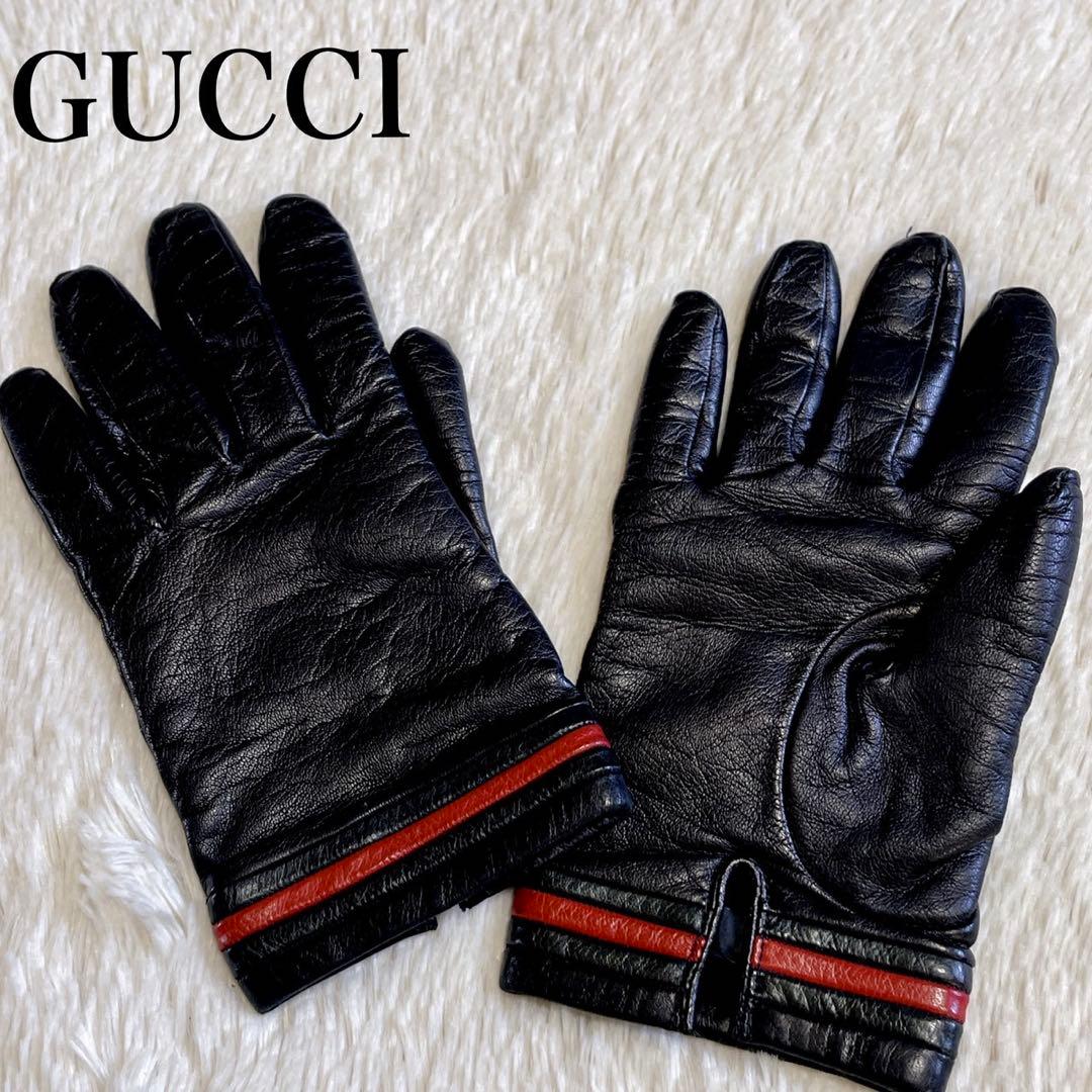 美品 GUCCI グッチ カシミヤ 本革 レザーグローブ 手袋 シェリーライン