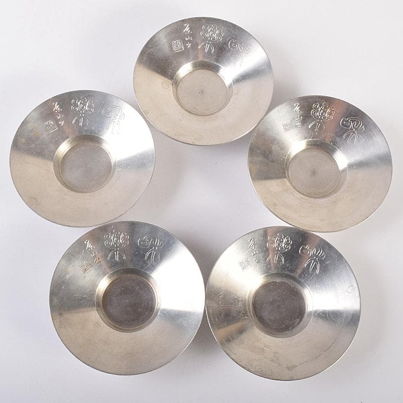 煎茶道具　平安　英青堂造　純錫園式茶托　五客　合計約588g　共箱　MR7702