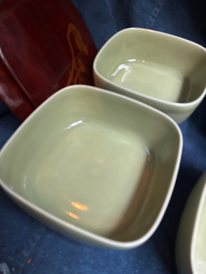 青磁　天龍寺青磁枡形向付　5客　宮永東山　共箱　荒川豊蔵の出た窯　北大路魯山人