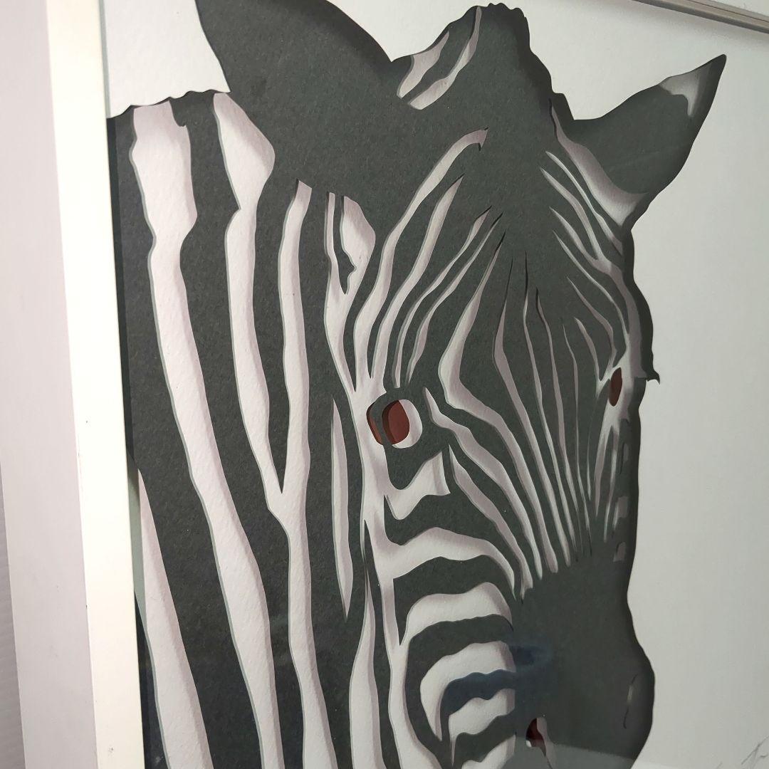 【希少】駒形克己　サイン入り　ゼブラ　彫紙アート フレーム付き