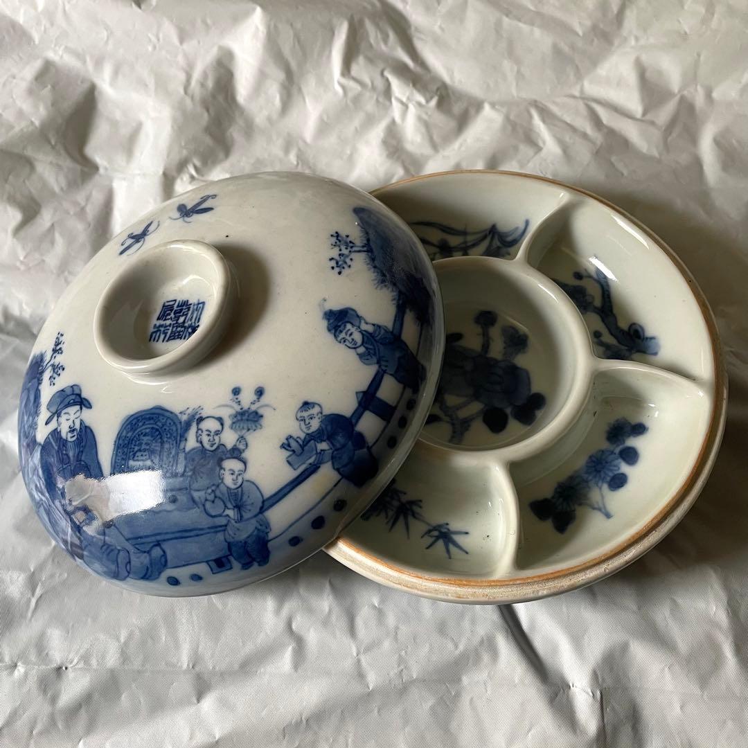 染付　盒　中国　蓋物　陶磁器　China  松　竹　梅　蘭　人物　四君子　唐子