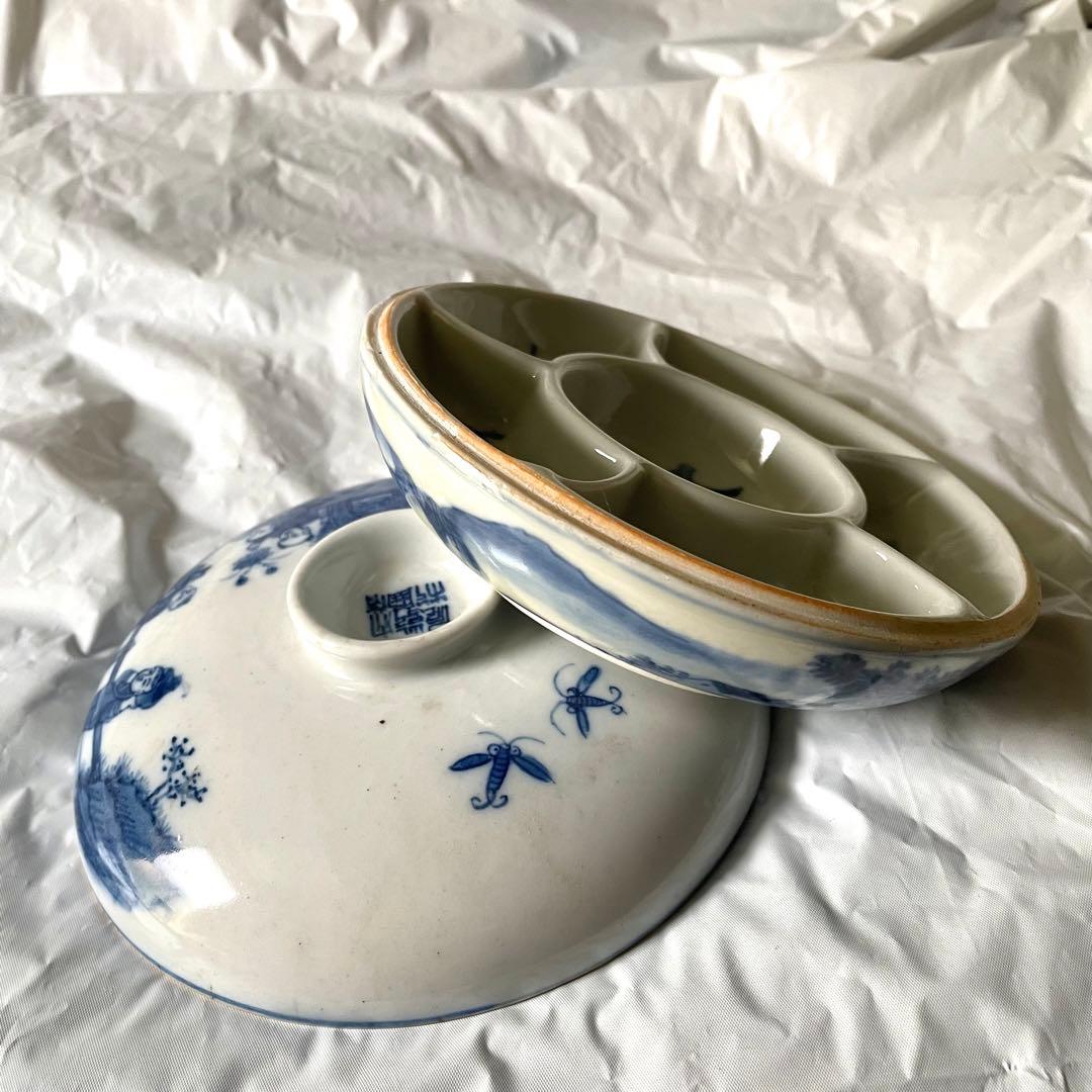 染付　盒　中国　蓋物　陶磁器　China  松　竹　梅　蘭　人物　四君子　唐子