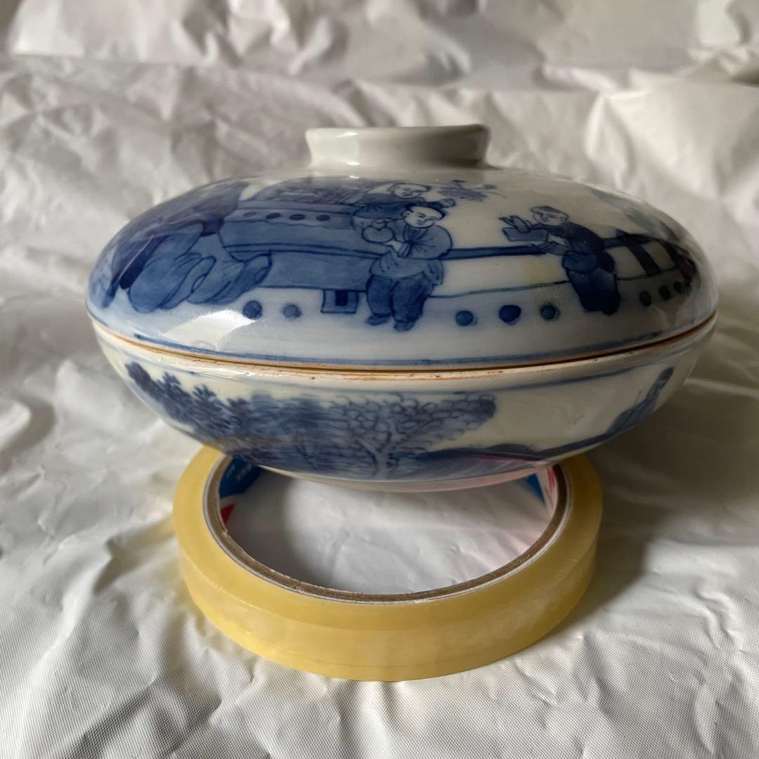 染付　盒　中国　蓋物　陶磁器　China  松　竹　梅　蘭　人物　四君子　唐子