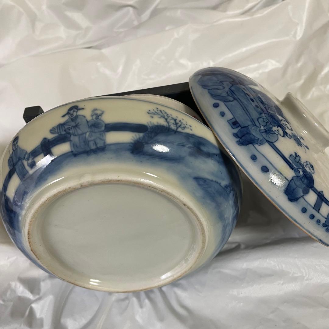 染付　盒　中国　蓋物　陶磁器　China  松　竹　梅　蘭　人物　四君子　唐子