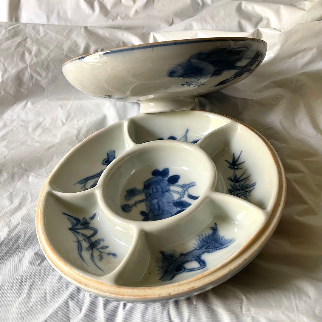 染付　盒　中国　蓋物　陶磁器　China  松　竹　梅　蘭　人物　四君子　唐子