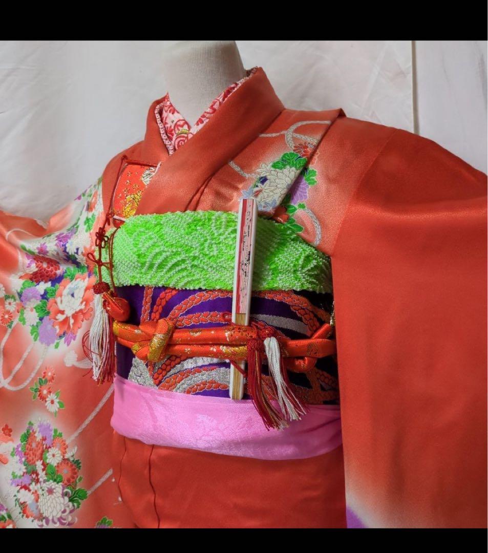 7歳七五三着物 オレンジ色 花柄刺繍付き　全セット