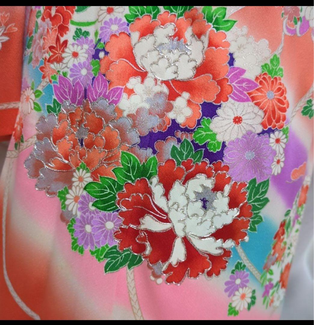 7歳七五三着物 オレンジ色 花柄刺繍付き　全セット