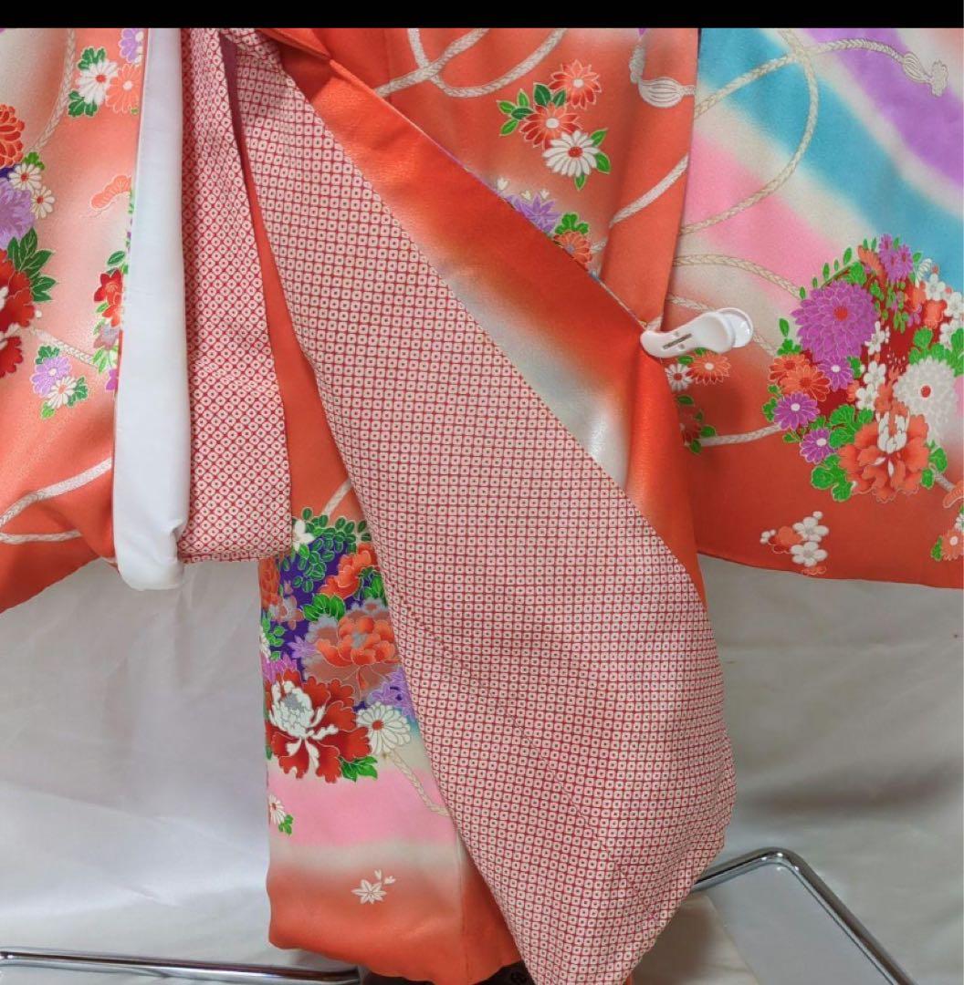 7歳七五三着物 オレンジ色 花柄刺繍付き　全セット