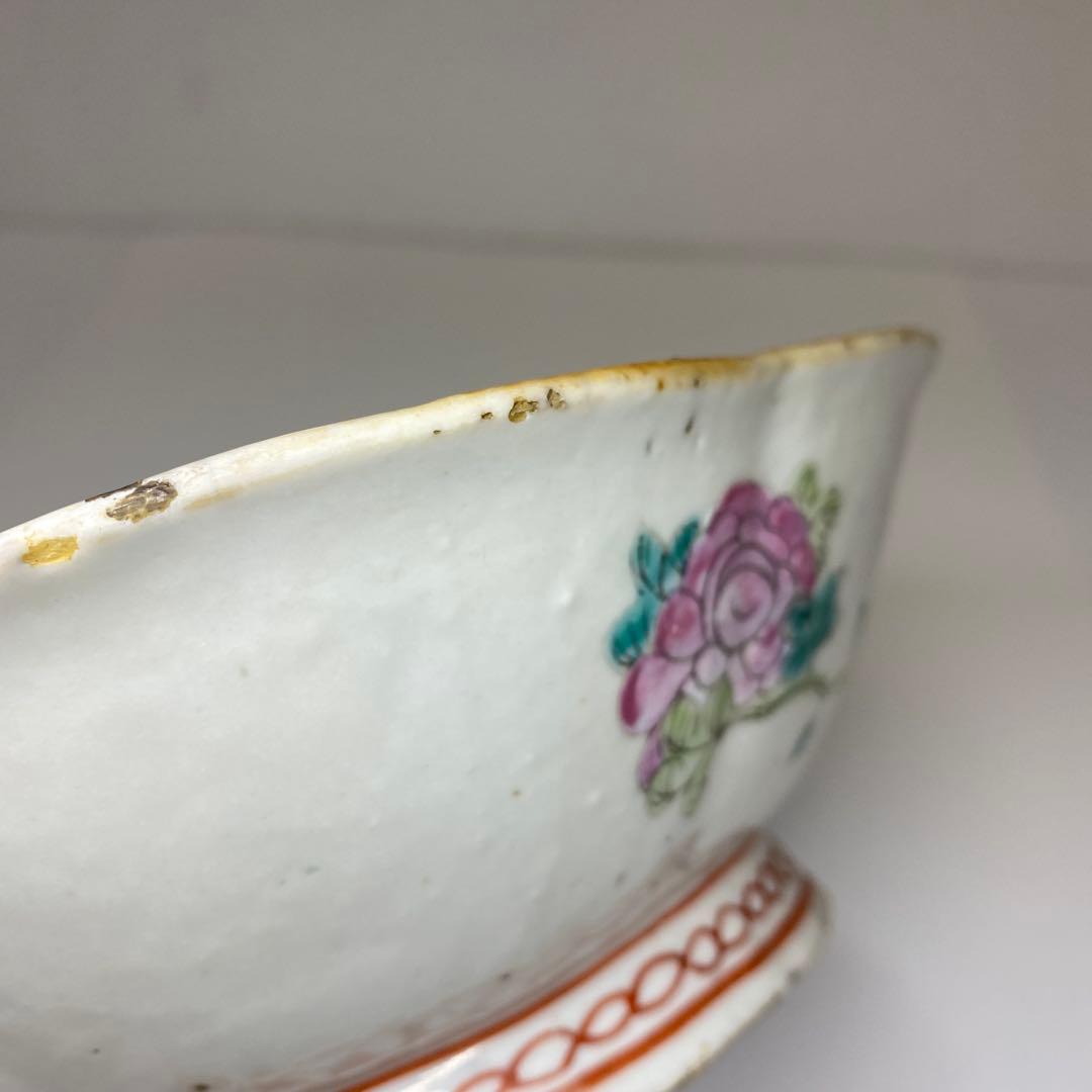 中国清時代　粉彩花鳥画鉢　幅約22㎝　東Y7-0331②タサオ