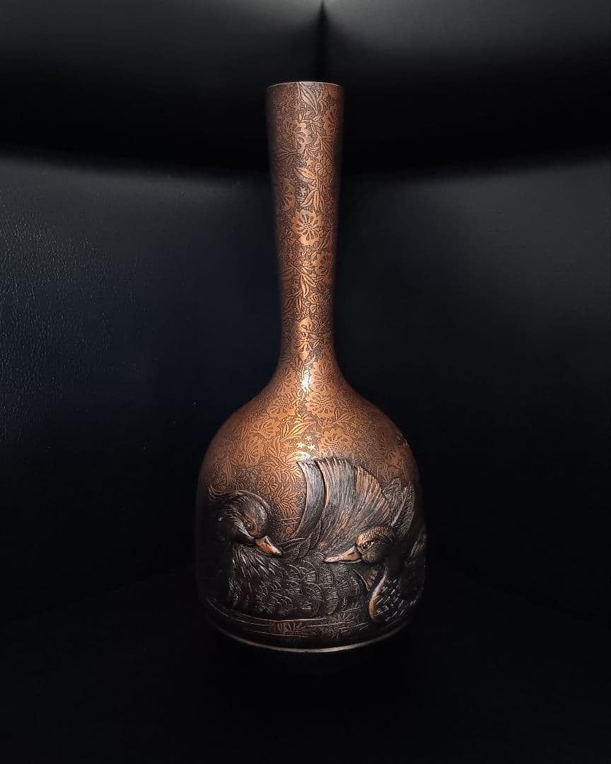 【希少/逸品】三宝 SANPO 銅製 花瓶 鴛鴦（おしどり）梅 高彫 23cm