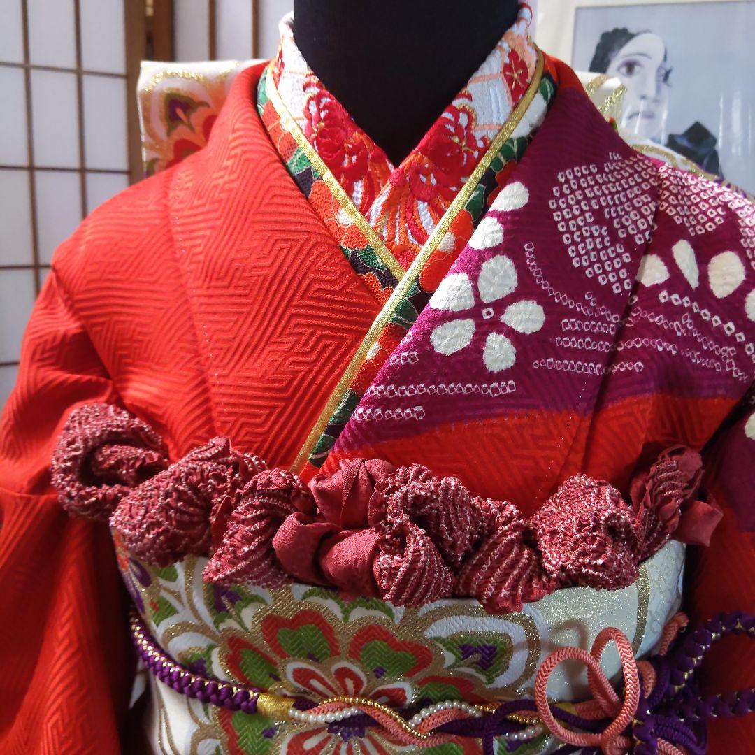 422桂由美　レトロポップ　絞り　赤　螺鈿落款　正絹振袖6点フルセット成人卒業式