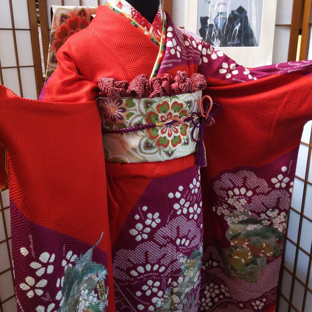 422桂由美　レトロポップ　絞り　赤　螺鈿落款　正絹振袖6点フルセット成人卒業式