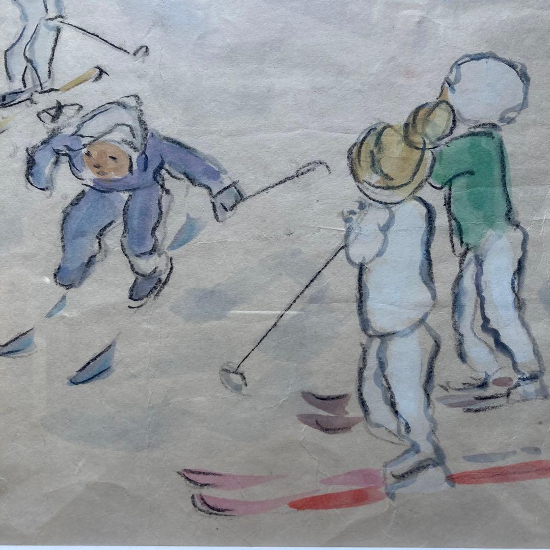 いわさきちひろ「少年スキーヤー」仮題　水彩額41.5×53絵￼25.5×31cm