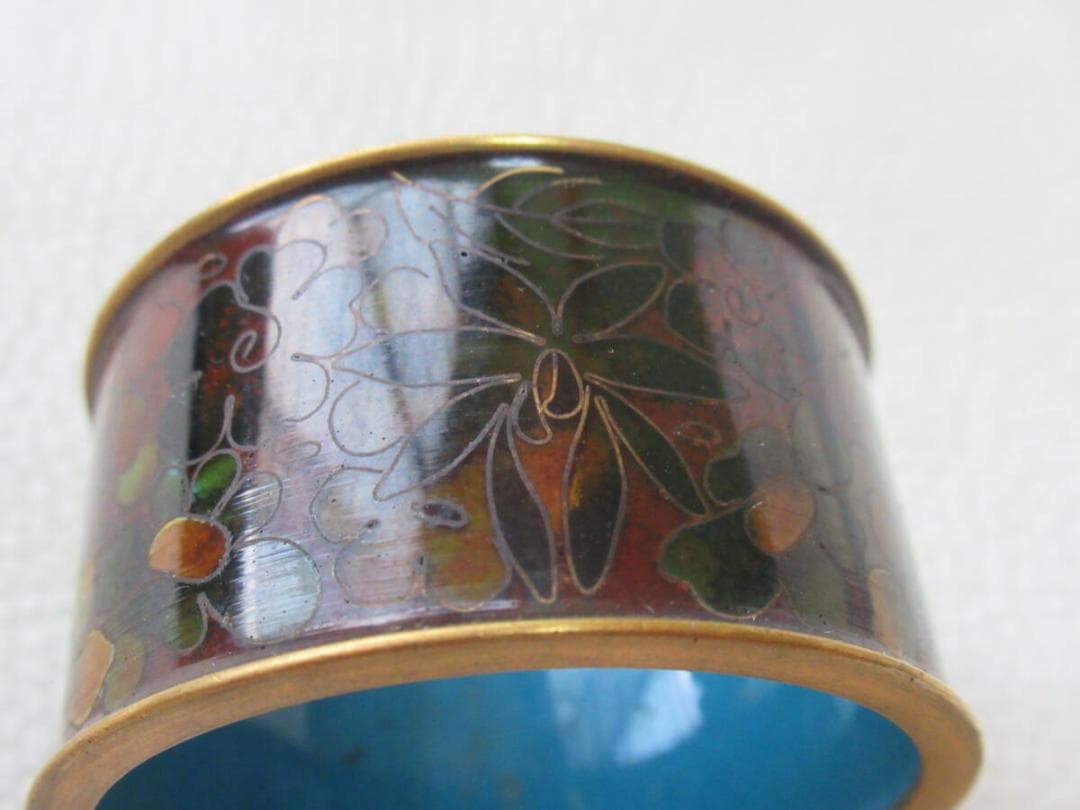 極美品 大正時代◆京七宝 稲葉七宝 内側濃い目水色 外観(花柄図)ナプキンリング