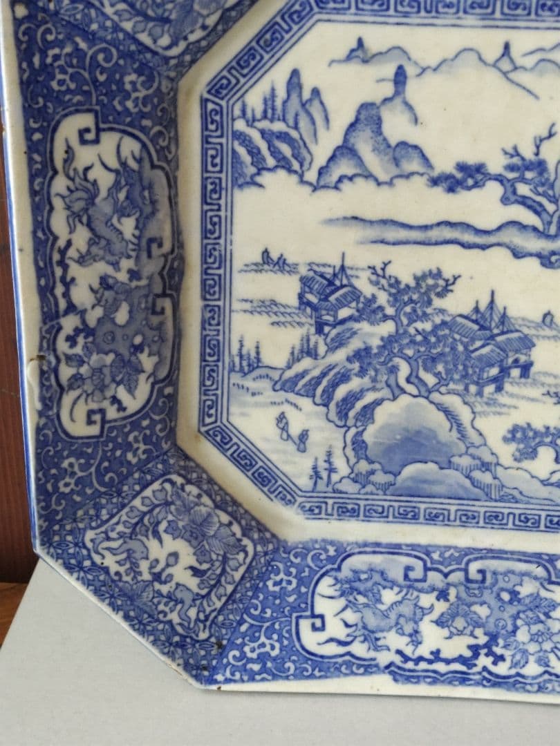 100年前の角皿　山水図　銅版転写　明治時代