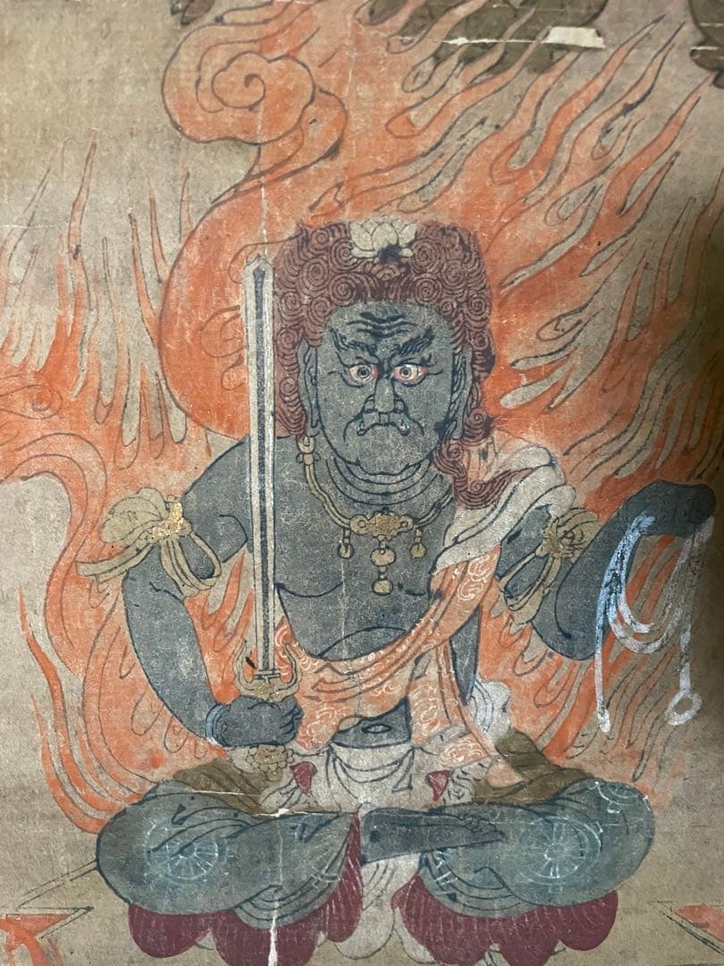 江戸(倉庫)稀少 古い 仏画 明王像 肉筆掛け軸 時代 仏教美術 仏教版画