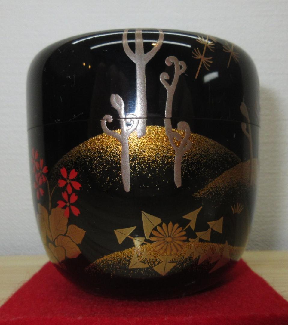 送料込【逢絢亭】茶道具 大棗 山中塗 春野蒔絵 内銀地 真塗 中村恭蔵 共箱入り